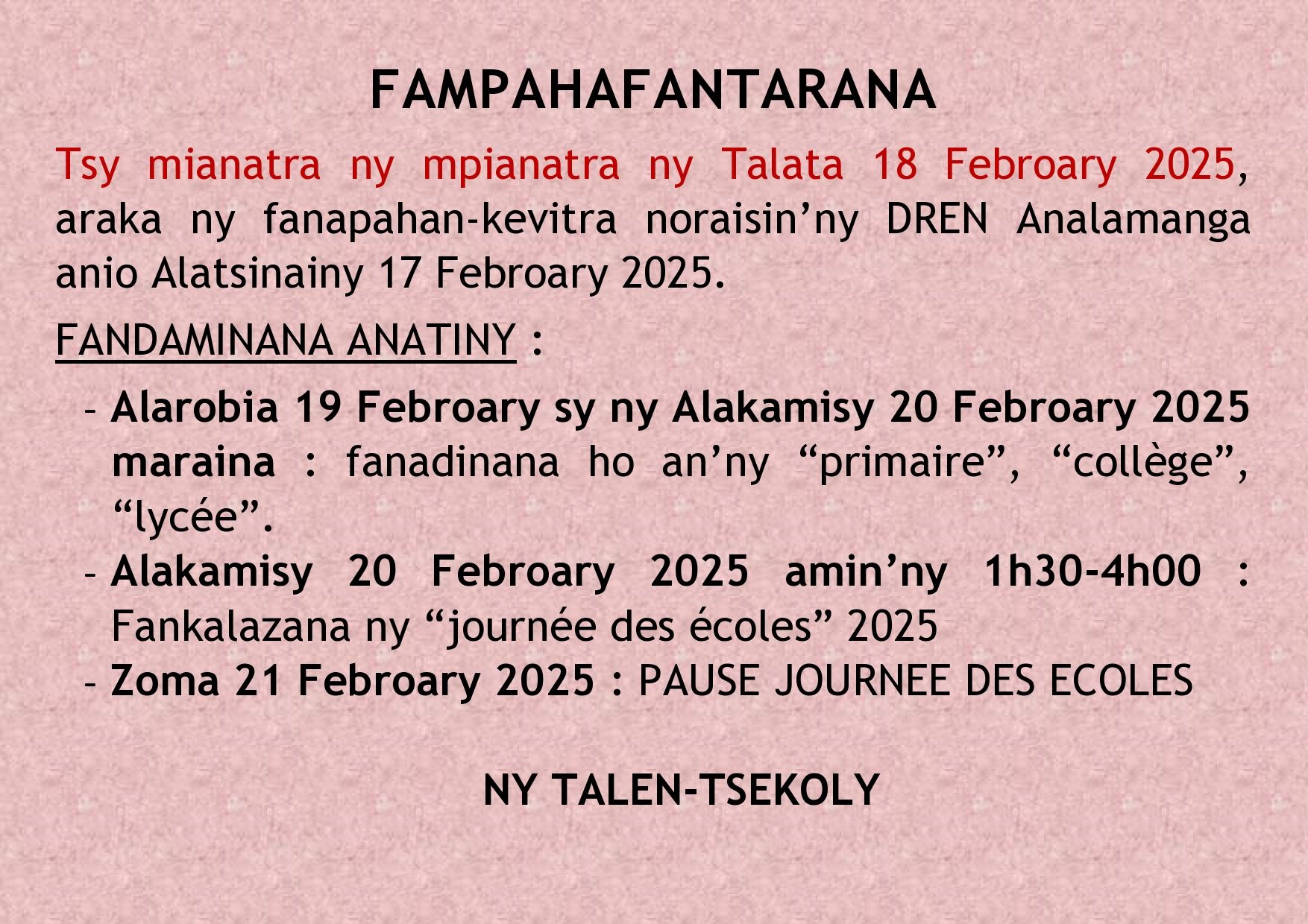 Fandaharam-potoana sy fankalazana ny Andron'ny Sekoly – Herinandro 19-25 Febroary 2025